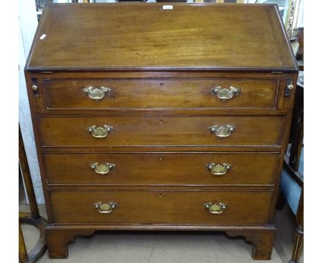 A Georgian mahogany bureau, with fitted interior, 4 long graduated drawers, bracket feet, W96cm 