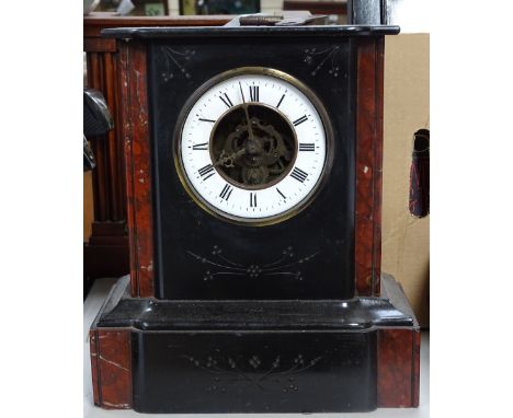 A slate mantel clock, 11", and a stained wood-cased mantel clock 