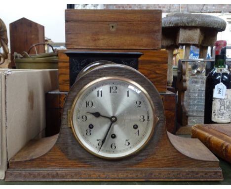 An oak-cased 3-train mantel clock, and a slate 2-train mantel clock 