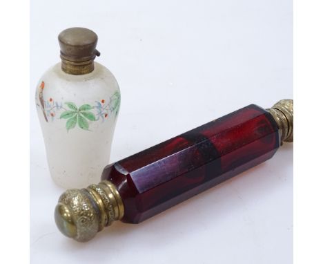 A ruby glass double-ended scent bottle, and another glass scent bottle 
