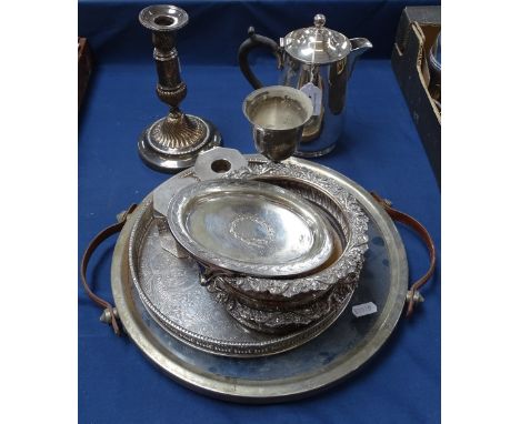 An oval silver plated and glass serving tray, a pair of silver plate on copper wine coasters, a candlestick, a coffee pot etc