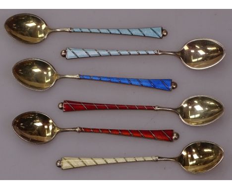 A cased set of 6 Danish silver and enamel teaspoons 