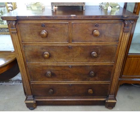 A Victorian mahogany chest of 5 drawers, or architectural form, with Ionic columns, on bun feet, W113cm 