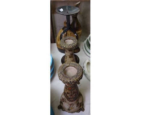 A pair of Oriental candlesticks, 11", a pricket candlestick etc 