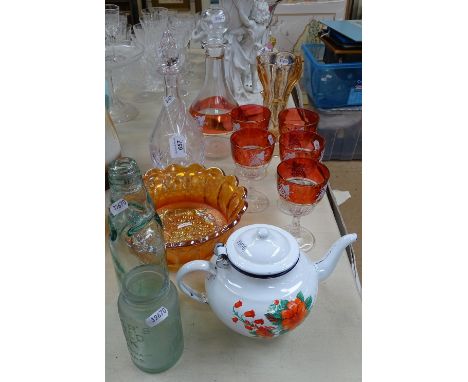 A lustre decanter set, an enamel teapot etc 