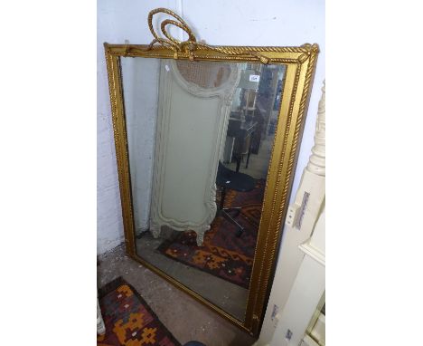 A large 19th century giltwood over-mantel mirror with ribbon pediment, W106cm, H140cm 