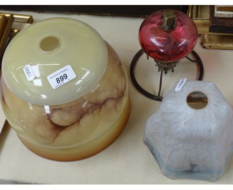 3 lampshades and a cranberry glass part oil lamp 
