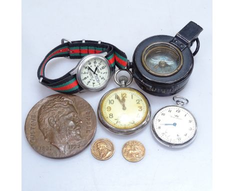 A military pocket compass, 2 pocket watches, an imitation Kruger sovereign etc 