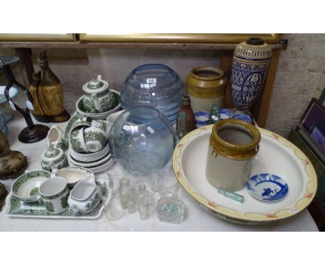 Adams green and white printed dinner and teaware, glass vases, an oil lamp base etc 