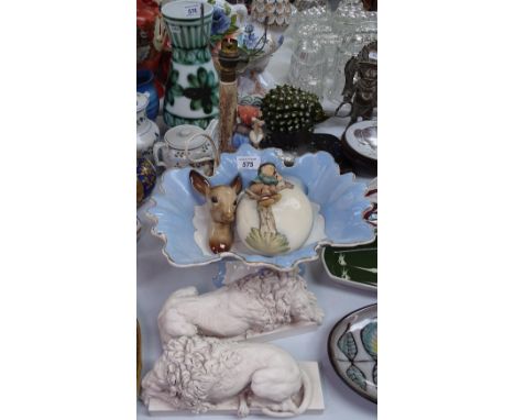 A pair of lions, length 8.5", a Hummel lamp and vase, comport etc 