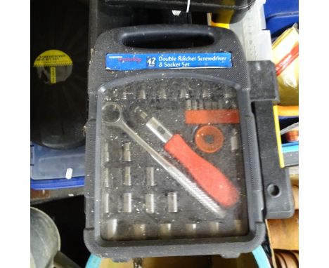 A collection of light switches, boxed tools, jump leads, toolboxes, socket sets etc, and 3 toolboxes complete with tools and 