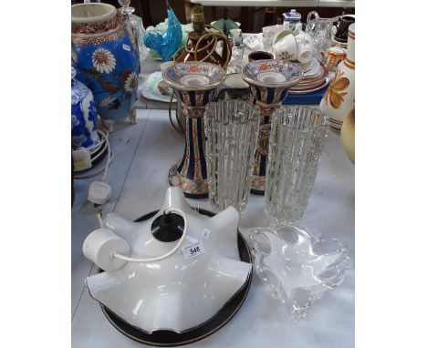 A lamp shade, candlesticks, a pair of glass vases, 9.75" etc 