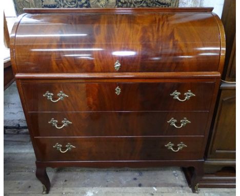 A modern mahogany roll-top desk, with fitted interior, 3 long drawers under, on bracket feet, W90cm 