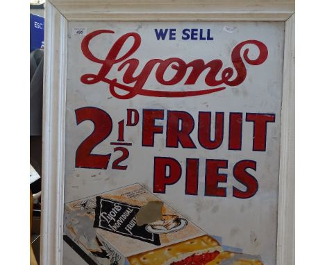 A framed Vintage enamel sign advertising Lyons Fruit Pies, height 38" overall 