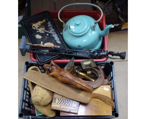 An enamel kettle, a crib board, clogs etc 