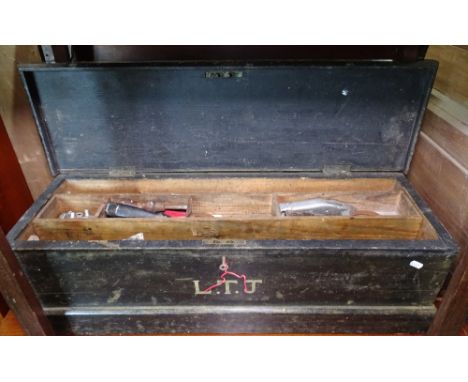 A Victorian stained pine toolbox and quantity of tools 