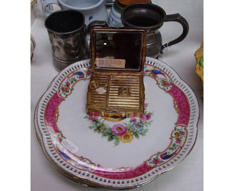 3 Bavarian plates, Antique pewter mugs, and a Vintage Stratton compact 