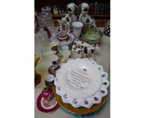 Edwardian mantel Spaniels, animal figures, cabinet cups and saucers etc 