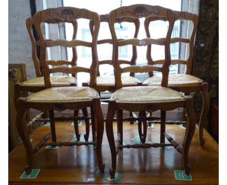 A set of 5 French oak ladder-back and rush-seated dining chairs 
