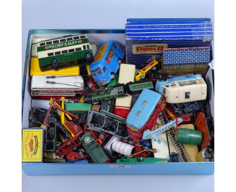 A box of Corgi vans and buses, various locomotives etc 