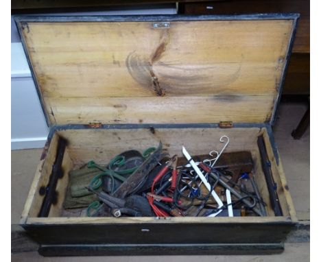 A Victorian painted pine toolbox and contents 