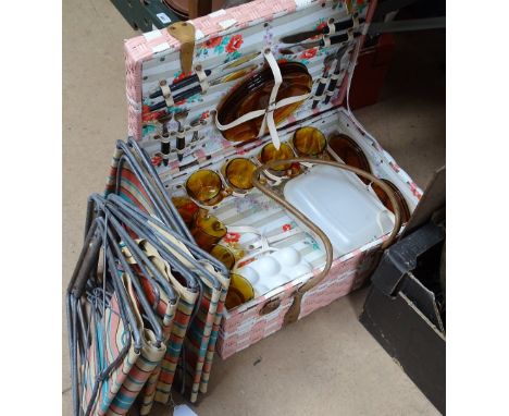 Vintage folding stools, a woven plastic picnic hamper etc 