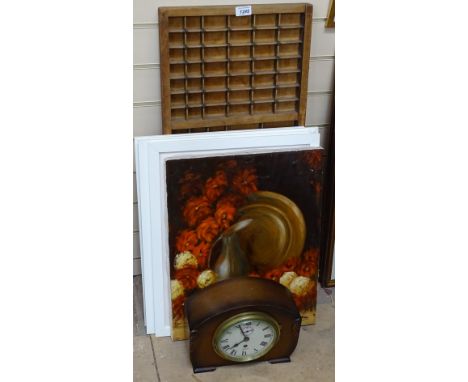 A collection of prints, oil on canvas, still life, mantel clock, and a printer's tray 