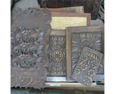 A 4-fold pokerwork firescreen, a religious plaque, carved wood panels etc 