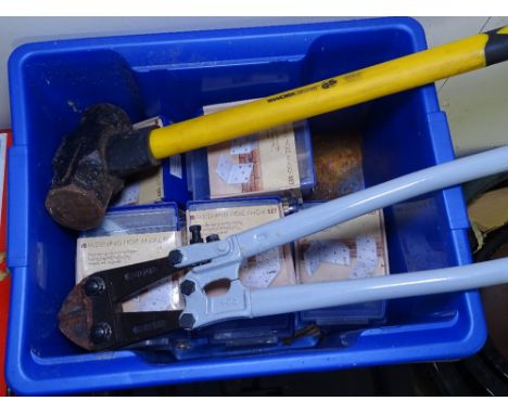 A boxed Mitre saw, a hand puller, a jerry can, a sledge hammer, toolboxes etc 