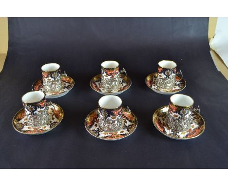 A Set of Six Royal Crown Derby Imari, Coffee Cans - and Saucers, with Sterling Silver Mounts - Hallmarked 1909, Birmingham - 