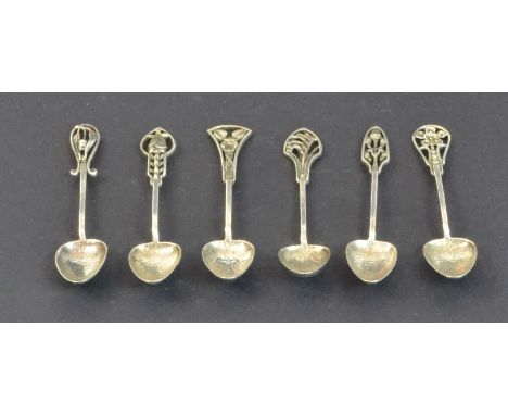 A Set of Six JA Linton, Sterling Silver, Wildflower  - Coffee Spoons - Each finial depicting a different wildflower  - Stampe