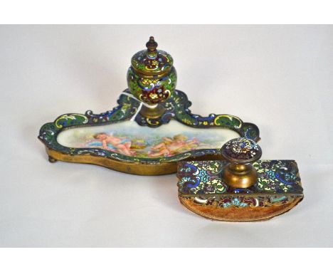A French Champlevé Enamel Inkstand and Ink  - Blotter Set - c.1880 - The inkstand set with a painted porcelain panel pen  - r