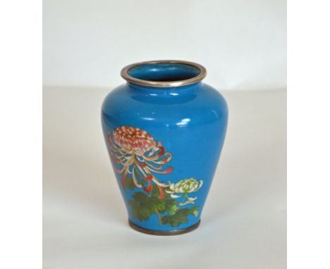 A Japanese Cloisonne Enamel Vase - Late Meiji Period 1868 - 1912 - Decorated with chrysanthemums against a blue ground  - Hei