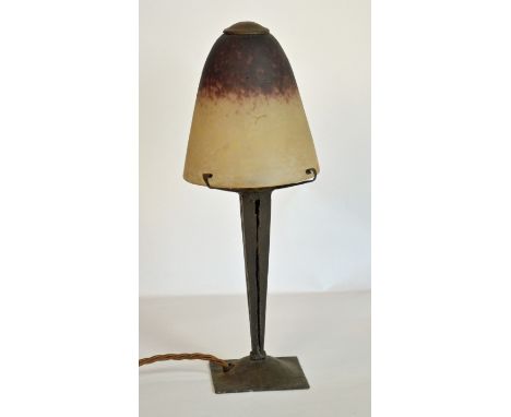 A Schneider, French Art Nouveau Glass, Wrought  - Iron Base, Boudoir Lamp - Early 20th century - Stencilled mark to shade - H