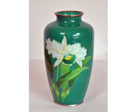 A Japanese Cloisonne Enamel, Silver Wire Vase - Mid 20th century - Decorated with a flowering orchid against a green  - groun