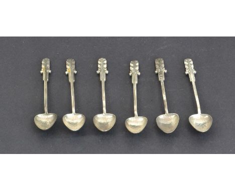 A JA Linton, Sterling Silver, Set of Six Arts & Crafts  - Style Tea Spoons - With scroll and acanthus leaf style finial - Sta