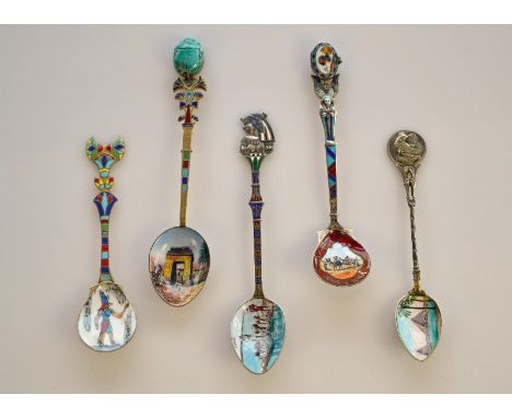 Five Art Deco Silver and Enamelled Egyptian  - Souvenir Spoons - c.1920 – 1930’s - 800 silver gilt with enamelled pictorial s