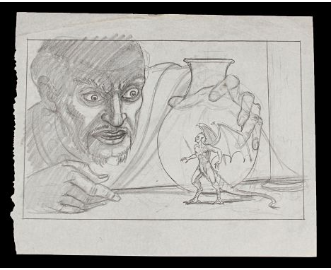 THE GOLDEN VOYAGE OF SINBAD  (1973) - Ray Harryhausen Hand-Drawn Concept Of The Homunculus and The Sorcerer A hand-drawn conc