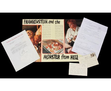 FRANKENSTEIN AND THE MONSTER FROM HELL (1974) - Contract and Ephemera Peter Cushing’s personal note, contract and ephemera fr