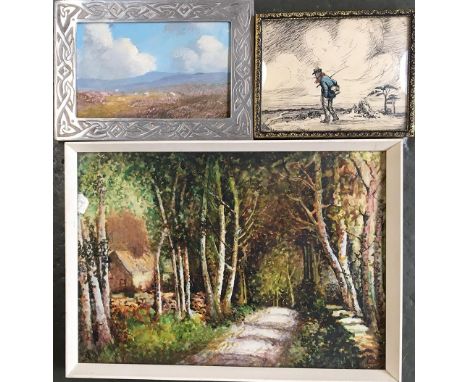 Lewis Creighton (1918-1996), oil on board of sheep on the moors, 11.5x9cm; together with an unsigned pen and ink drawing of p
