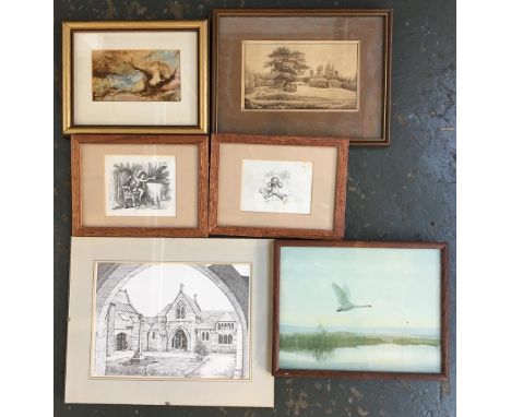 A framed watercolour of 'Old Oak, Warleigh, Tamerton Foliot', signed ' G 86' lower left, 13x7.5cm; together with pen and ink 
