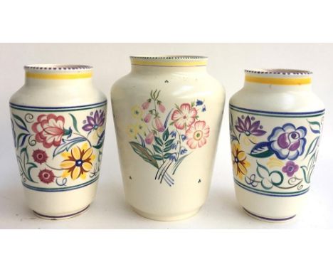 Two Poole Pottery earthenware vases, both marked '595' to base, 22cmH; together with one other Poole Pottery vase, marked '97