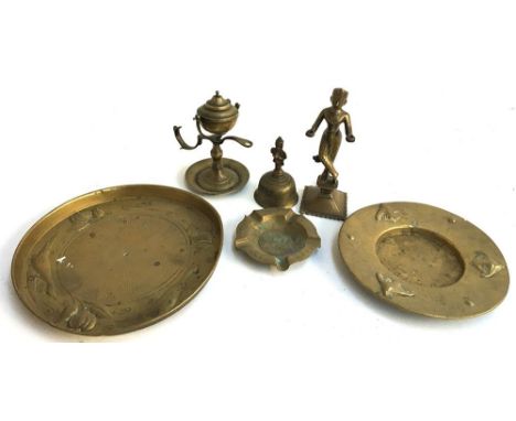 A mixed lot of brass items to include a Victorian spirit lamps, an Indian bronze jos-stick stand, a Burmese bell, and other i