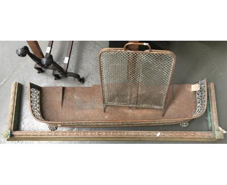 A Regency brass fender with pierced lyre decoration; together with brass fire surround, and folding fire screen 