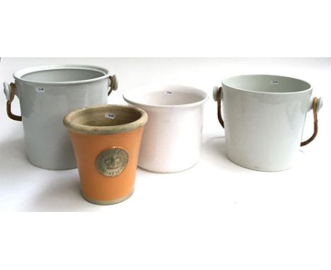 Three ceramic planters with wicker handles, and one other, impressed Royal Botanic Gardens, Kew 