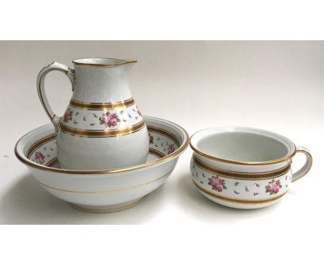 Cauldon Ltd. ceramic wash bowl, jug and chamber pot with floral design and gilt greek key frieze (3) 