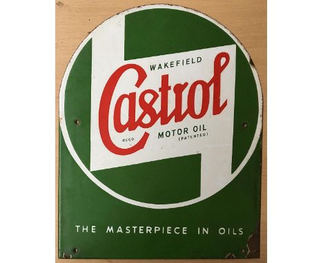 A domed 'Wakefield Castrol Motor Oil, The Masterpiece in Oils', single-sided metal and enamel sign, 36.5cmH 