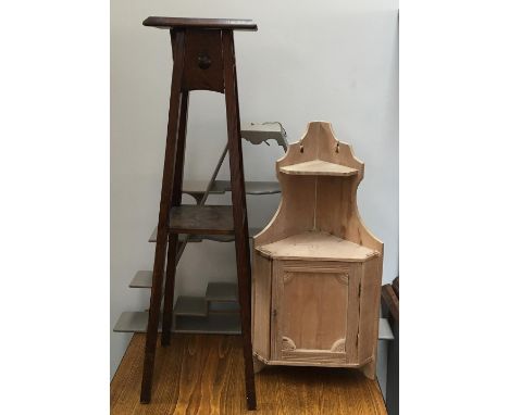 A grey painted trinket shelf, corner shelf, and small oak pot stand 