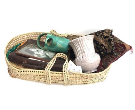 A rush basket containing various items to include; a Kay chemistry set; a leather satchel; two ceramic planters etc 