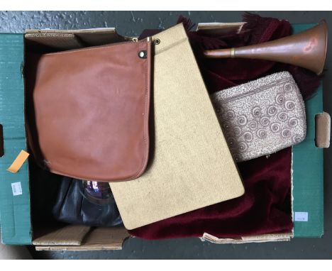 A mixed lot to include a copper hunting horn, 58cm, red fabric throw, beaded Belgian purse with silk lining, leather pouch, e